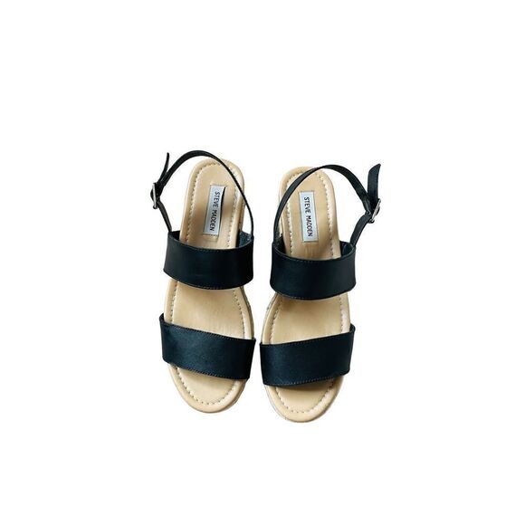 Steve Madden Espadrille Wedge Leather Black Sandals sz 10M - Picture 2 of 12